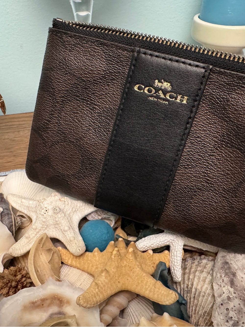 Coach Brown and Black Leather Zip Pouch with Gold Logo - Picture 2 of 11